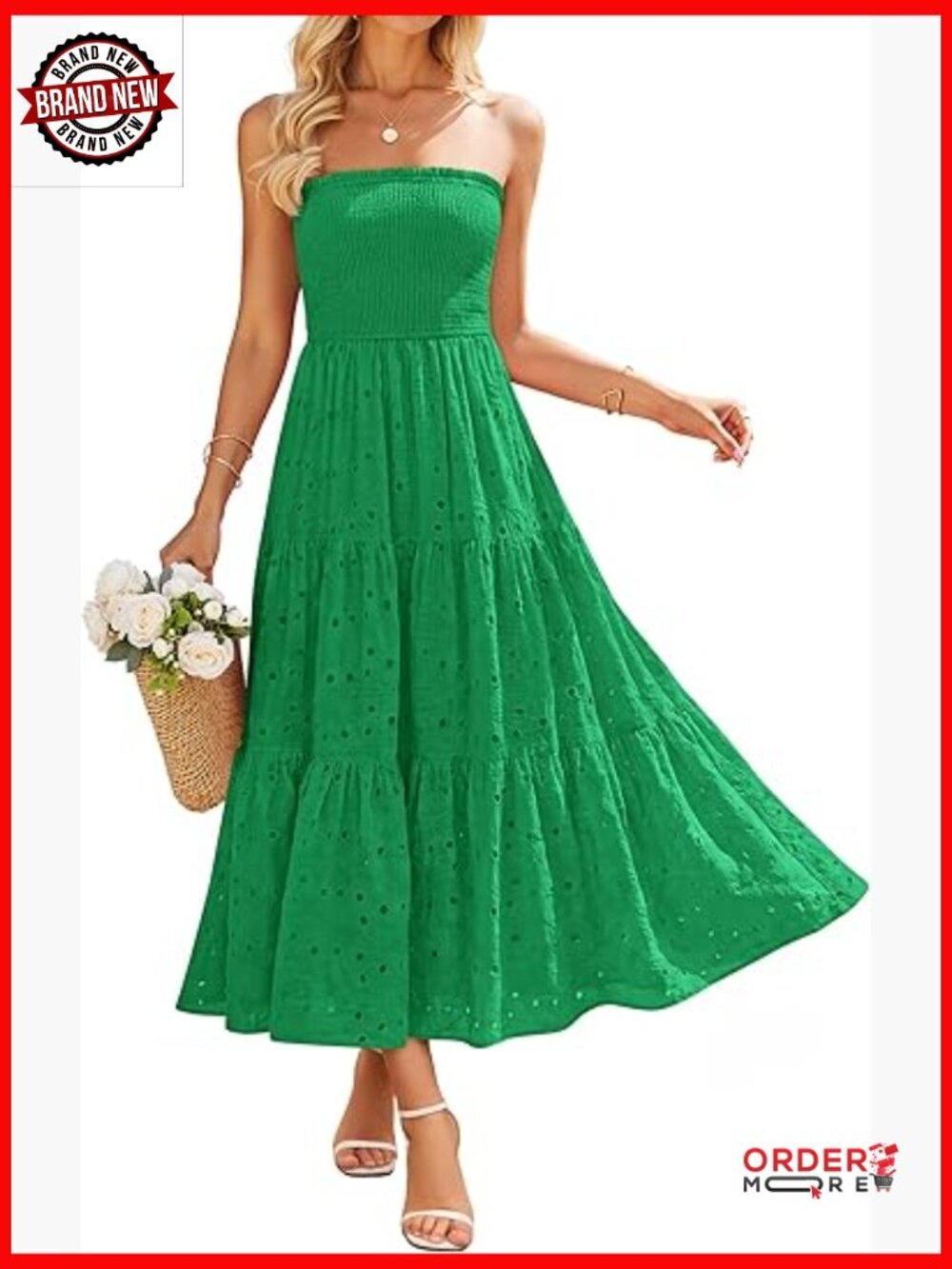 Boho Strapless Midi Dress Off Shoulder Smocked Eyelet Wedding Guest